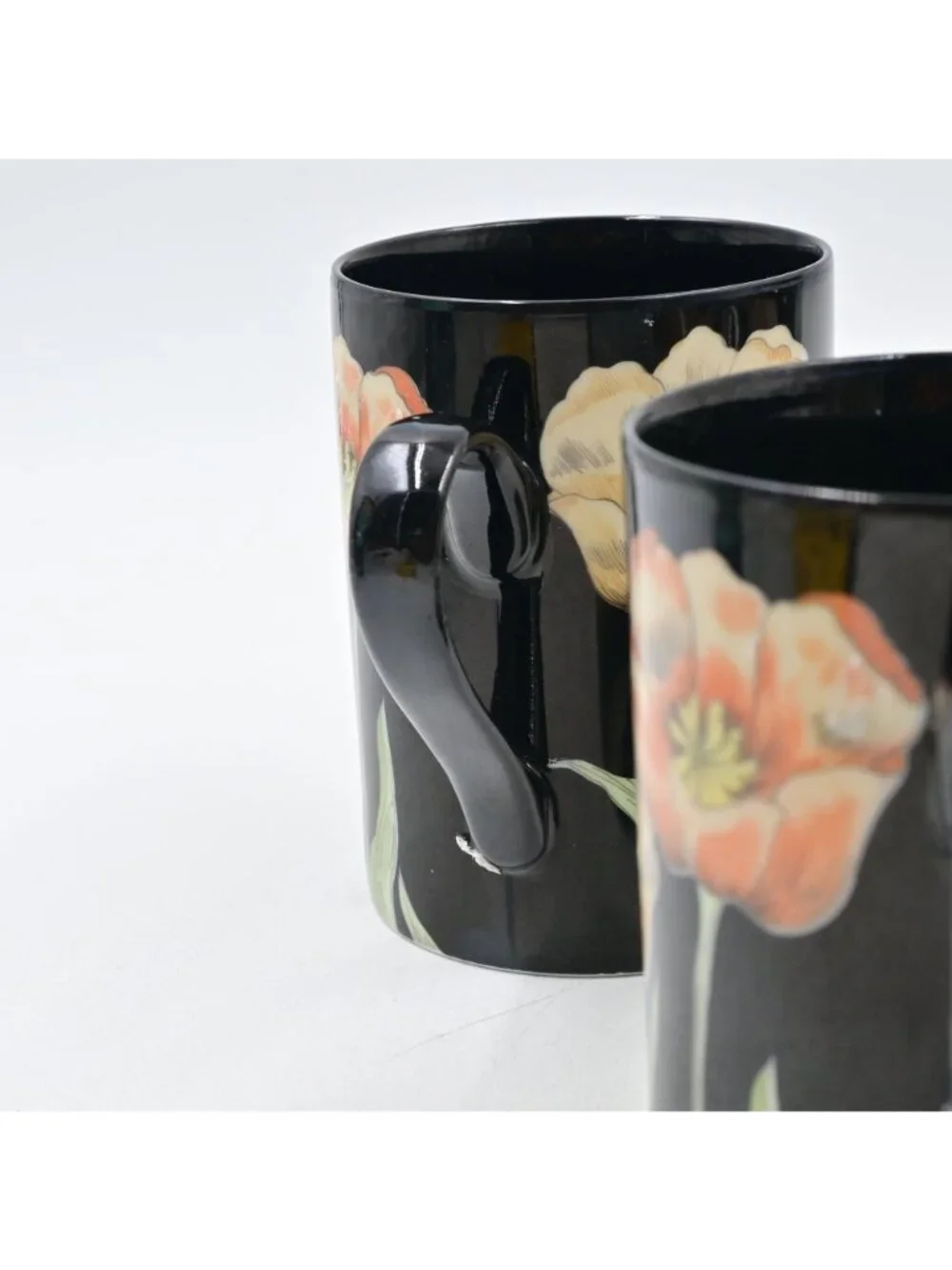 Fitz & Floyd Midnight Poppy Black Ceramic Floral Coffee Mugs Set Of 5